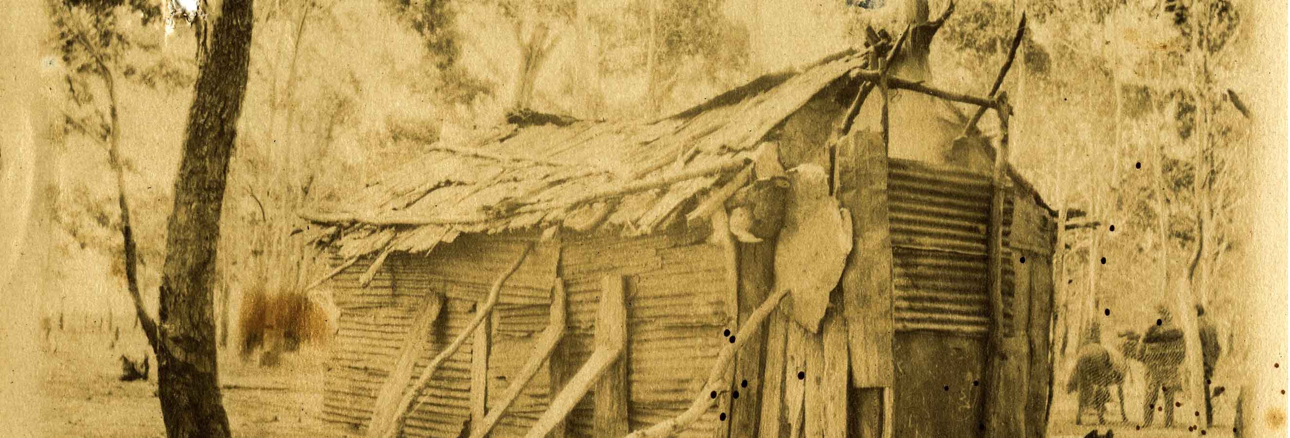 Sepia drawing of a shack