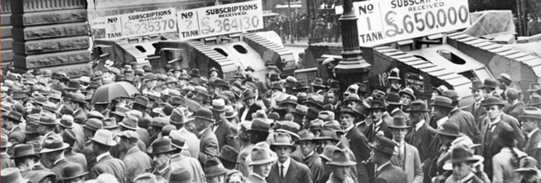 Dummy army tanks outside the Melbourne Town Hall during a 7th Commonwealth War Loan parade, 1918. Australian War Memorial, H02146