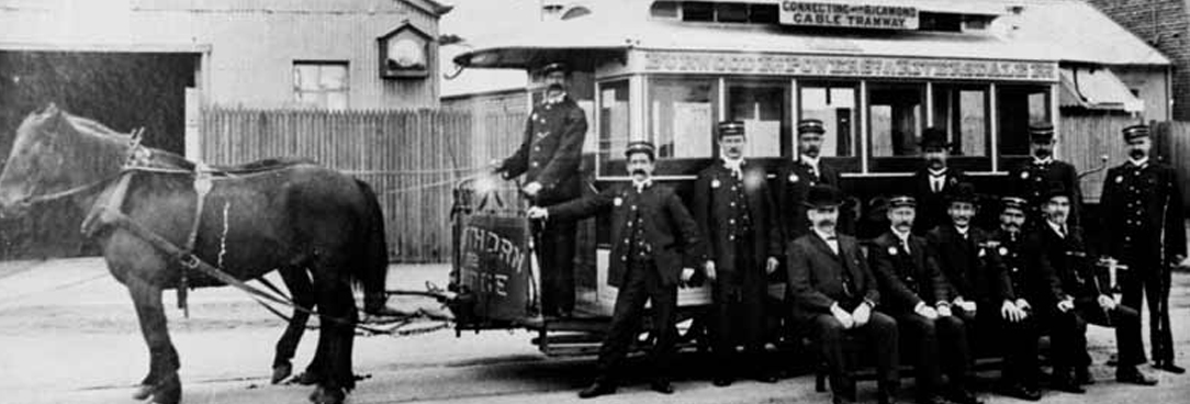 Horse drawn tram and workers 1890 