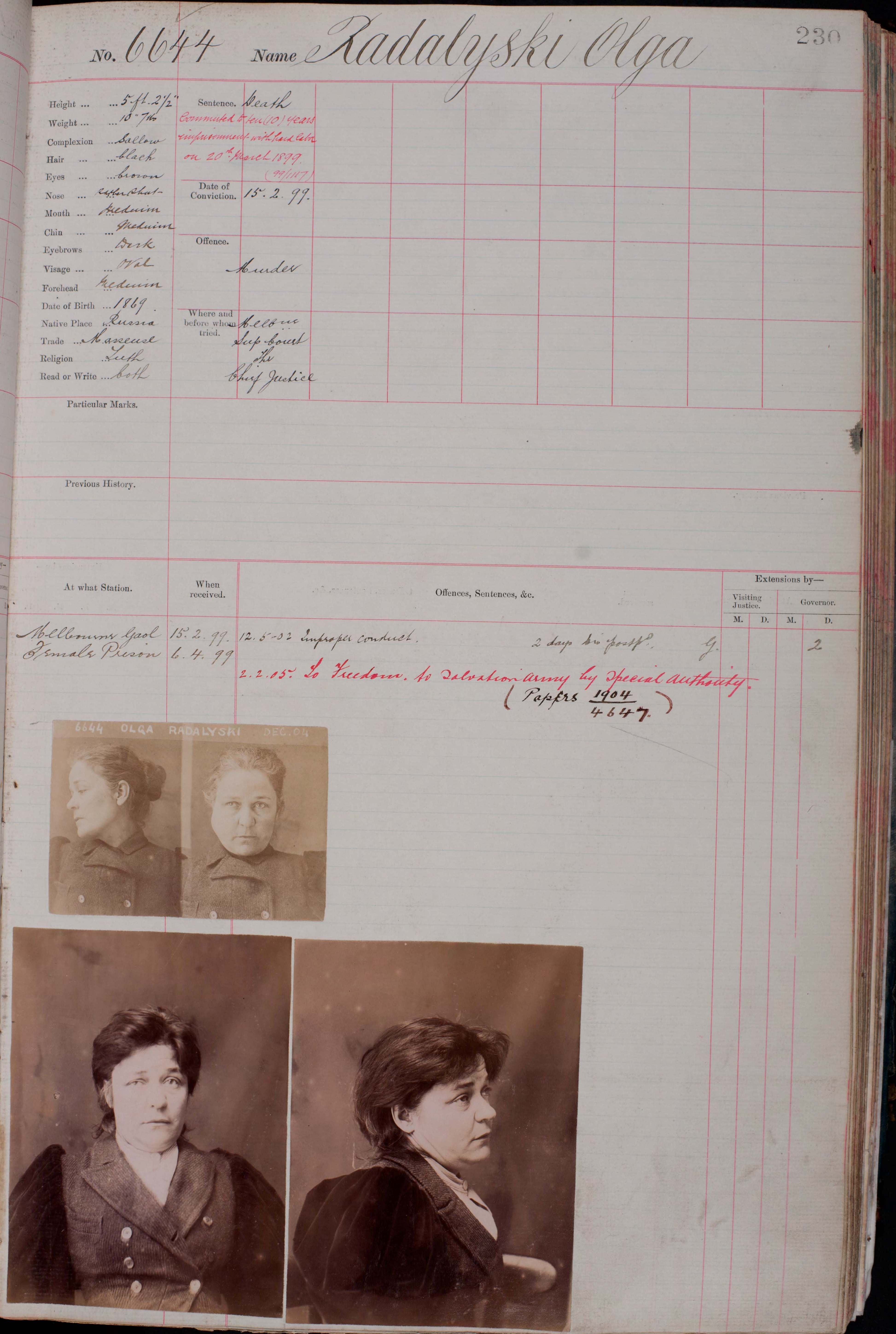 Olga Radalyski, Prisoner number 6644. VPRS 516/P0, Volume 12, Page 230