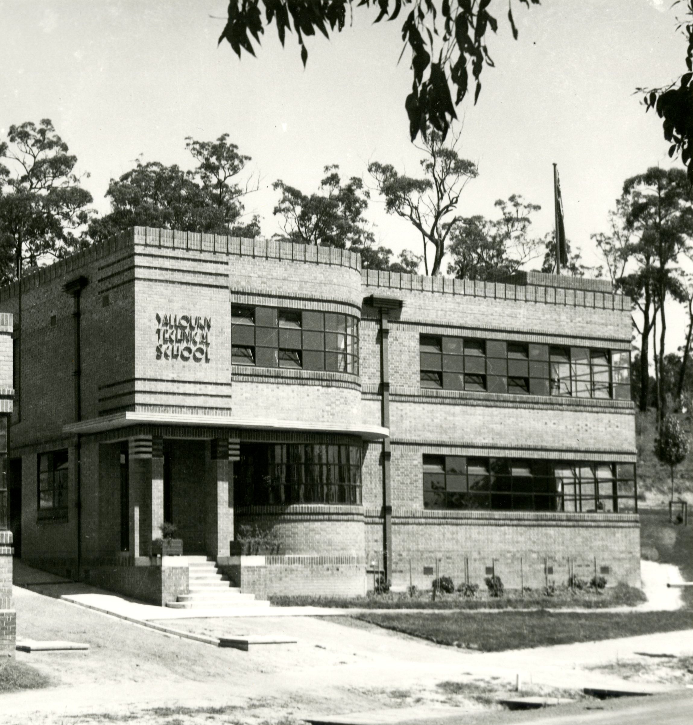 Black and white photo of a school