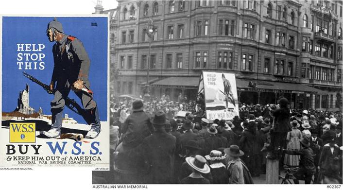 Drawing of a soldier and a photo of a crowd