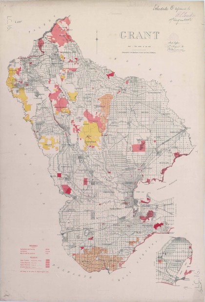 PROV, VPRS 8168/P2, Unit 2431, Map of the County of Grant, showing the town of Steiglitz at centre in the yellow shaded reserve. Steiglitz is approximately 80 km west of Melbourne and 39 km north-west of Geelong.