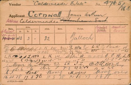 A card (front and back) from PROV, VPRS 13982/P1 Applications and File Management Cards, Closer Settlement, unit 2, (Co-Do), identifying a discharged soldier settement lease