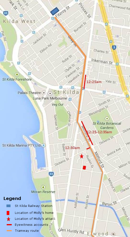 Map of Molly’s route home on the night of her murder with markers indicating where witnesses saw her.