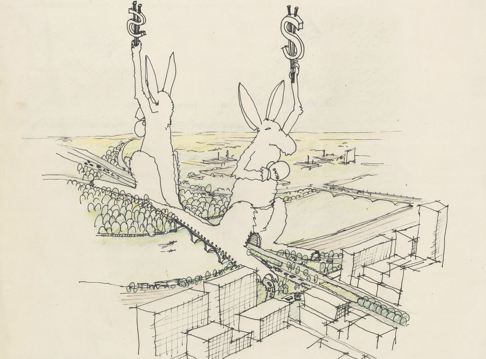 drawing of a building shaped like boxing kangaroos