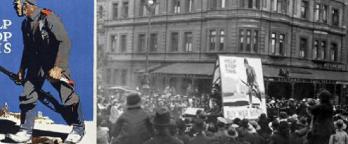 Crowd gathers in Melbourne 1918 and American poster is shown to the left